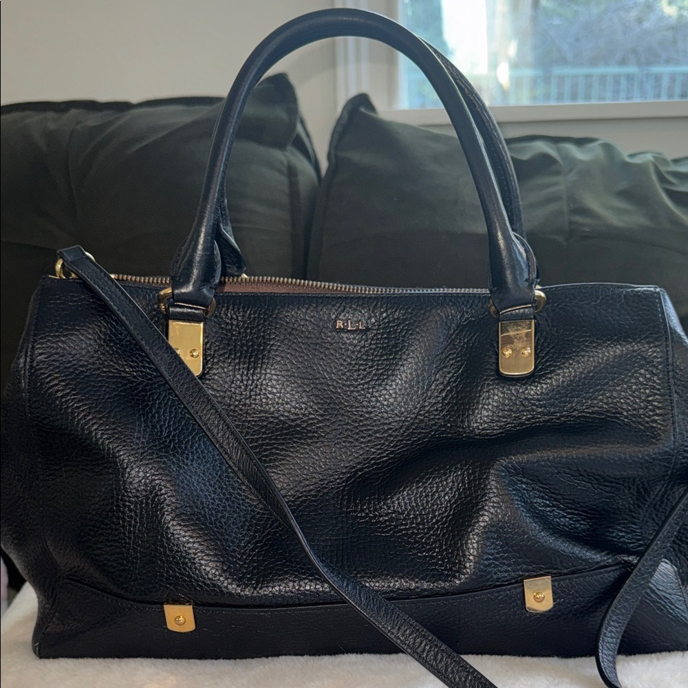 Lauren Ralph Lauren Black Leather Crossbody Satchel with Gold Hardware